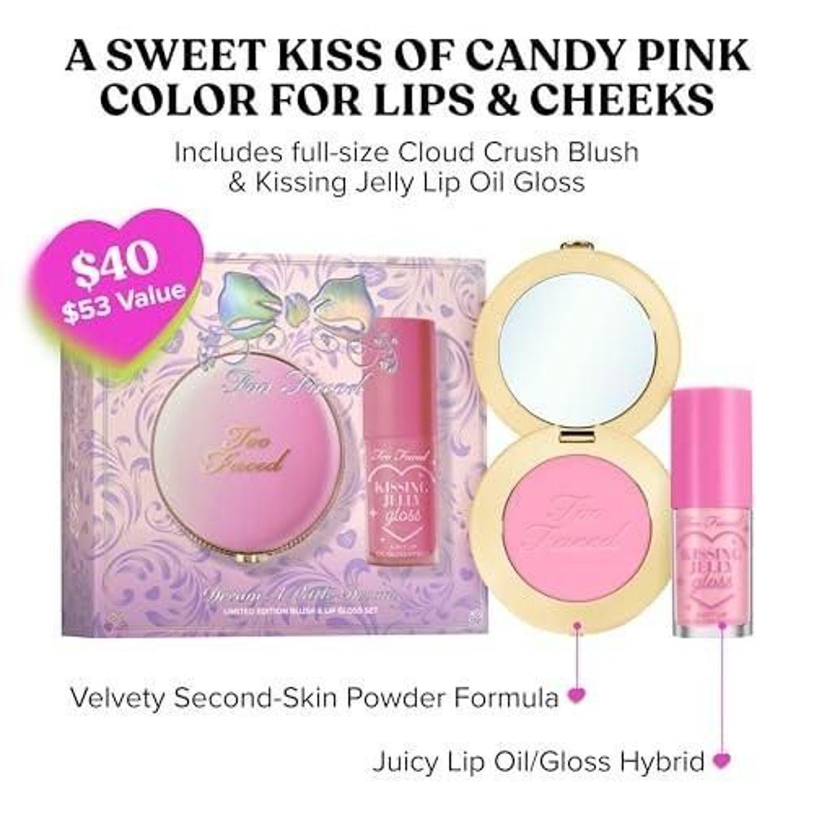 Too Faced Dream a Little Dream Makeup Gift Set: Cloud Crush Blush & Kissing Jelly Lip Oil 0.32 Oz